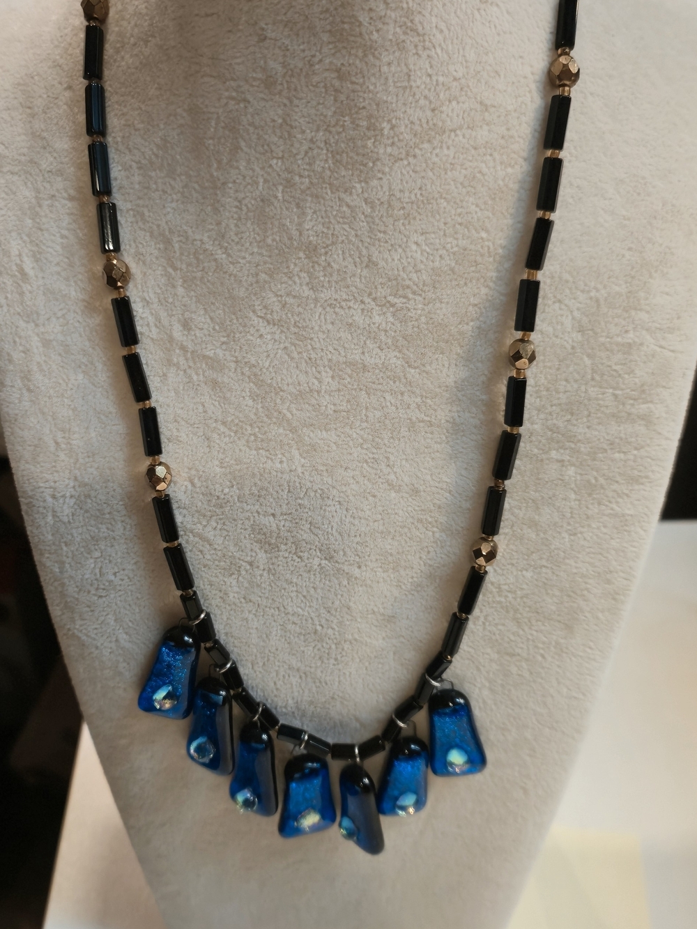 Handcrafted Blue Glass Pendant Necklace with Black Bead Chain